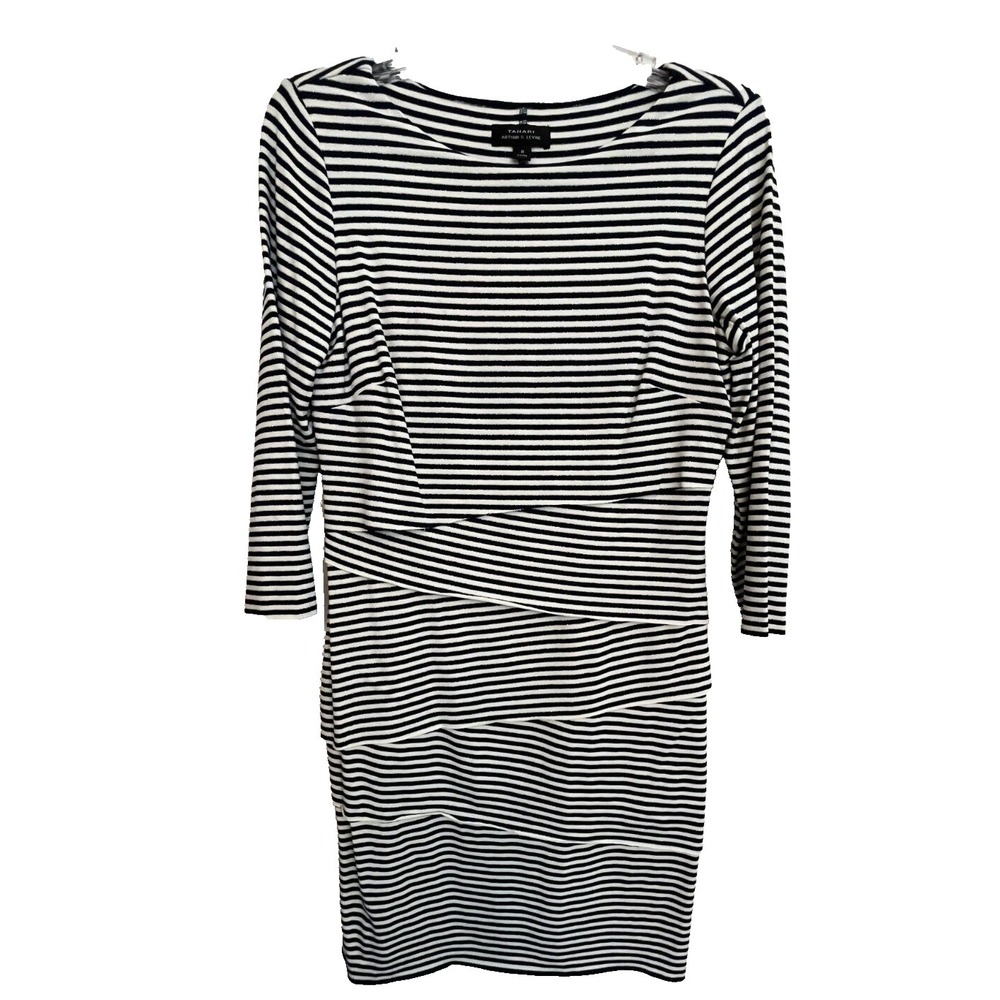 Tahari Arthur S. Levine Dress Size 8 Black White Stripe Layered 3/4 Sleeves